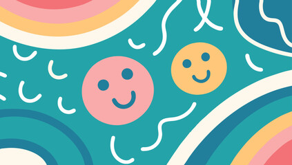 This vibrant vector background features playful smiling faces and flowing abstract shapes, ideal for design projects focused on positivity and joy