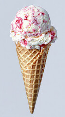 Delicious ice cream cone with strawberry swirl on classic waffle cone. Concept of summer desserts, sweet treats, indulgence, frozen delights, refreshing snacks. Vertical shot