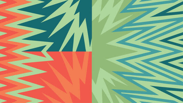 This artwork features a striking vector background with energetic zigzag shapes in orange, blue, and teal, evoking a sense of movement and vibrancy in design