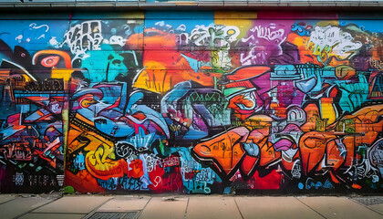 Vibrant urban street art explodes with color and energy This bold graffiti mural showcases a dynamic mix of styles and textures, perfect for adding a raw, edgy aesthetic to design projects related to