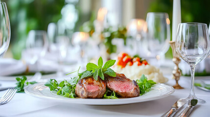 Juicy grilled lamb chops meat served on elegant dining table with fresh herbs and candlelight. Concept of gourmet cuisine, fine dining, culinary arts, luxurious meals