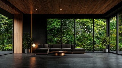 Fototapeta premium Modern dark living room, lush garden view, relaxing interior design, home decor