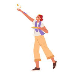 Happy overjoyed young woman cartoon character throwing colored dust in air enjoying Holi festival