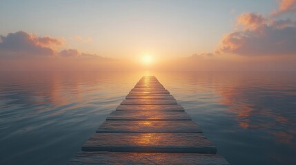 Obraz premium Tranquil sunrise over a misty lake viewed from a wooden pier