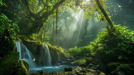 A mystical rainforest scene with towering ancient trees covered in moss, dense mist weaving through the foliage.