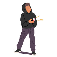 Teen boy cartoon character playing spy game holding flashlight in hands looking for something