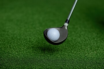 A close-up of a golf club poised to strike a ball on a lush green golf course, showcasing the excitement of the game.