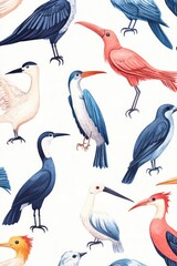 Obraz premium Variety of colorful birds in flight pattern on light grey background for fabric or wallpaper