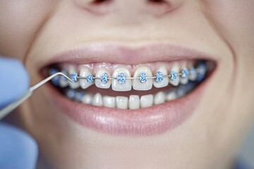 A close-up of a patient receiving orthodontic treatment with braces, highlighting dental care and smile improvement.