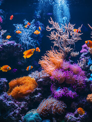 Fototapeta premium A vibrant underwater scene featuring colorful coral reefs, various species of fish including clownfish, and anemones, showcasing the diversity and beauty of marine life.