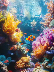Naklejka premium A vibrant underwater scene featuring colorful coral reefs, various species of fish including clownfish, and anemones, showcasing the diversity and beauty of marine life.