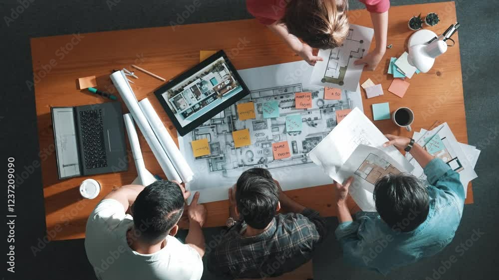 Poster top down view of manager working together while looking at blueprint. aerial view of architect engin