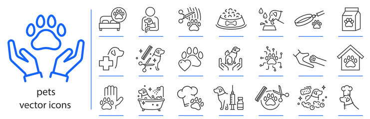 pets care icons, icon set of dog, cat, pet friendly simple symbols, linear vector illustration, outline editable stroke