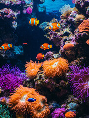 Obraz premium A vibrant underwater scene featuring colorful coral reefs, various species of fish including clownfish, and anemones, showcasing the diversity and beauty of marine life.