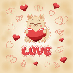 Vector  with kittens and hearts on a beige, pink background. Love. Hearts, female and male sign. Valentine's Day