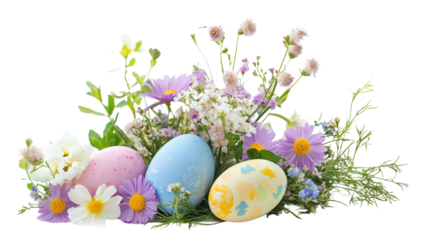 Colorful eggs nestled among spring flowers isolated on transparent background