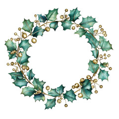 Fototapeta premium Festive christmas wreath with green holly leaves and gold berries on transparent background isolated png