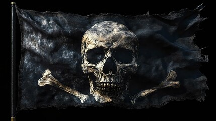 Naklejka premium A weathered pirate flag featuring a skull and crossbones design. Ideal for nautical themes and adventure concepts.