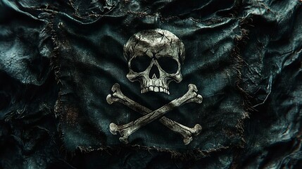 A detailed image of a weathered pirate flag featuring a skull and crossbones design, symbolizing piracy and adventure on the high seas.