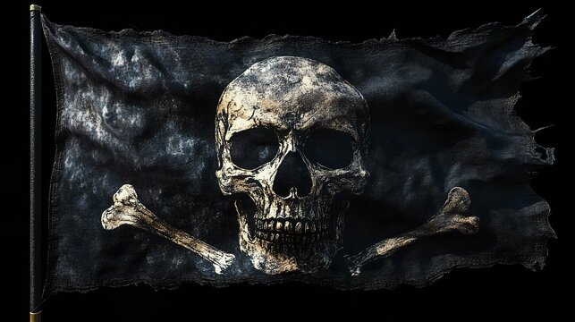 A weathered pirate flag featuring a skull and crossbones design. Ideal for nautical themes and adventure concepts.