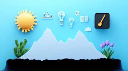 Fototapeta premium Colorful 3D Landscape with Sun and Icons
