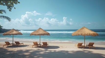 A serene beach scene featuring straw umbrellas and wooden lounge chairs by the ocean, perfect for relaxation and tropical vacations.