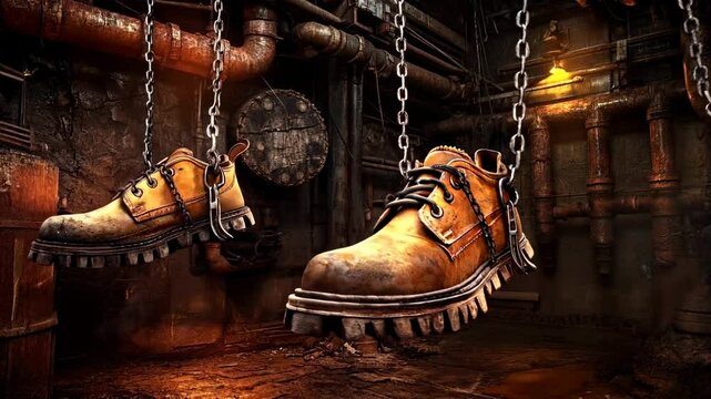 Rusty work boots hanging from chains in an industrial setting with dim lighting and pipes