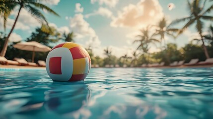 A vibrant beach ball floats on crystal clear water, surrounded by tropical palm trees under a sunny sky, creating a relaxing poolside atmosphere.