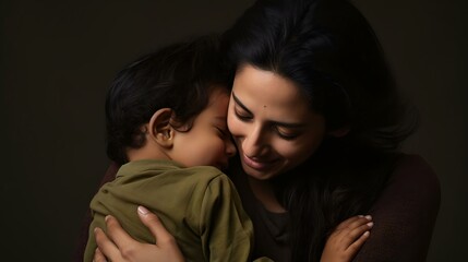 A tender moment between a mother and her child, showcasing love and affection in a warm embrace. Family bonding in a serene setting.