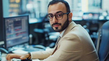 A focused businessman in a beige suit sitting at his desk in an office, surrounded by computer screens displaying financial data and charts.