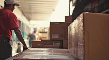 A worker moving stacked cardboard boxes in a warehouse or loading area. The scene reflects logistics and shipping operations.