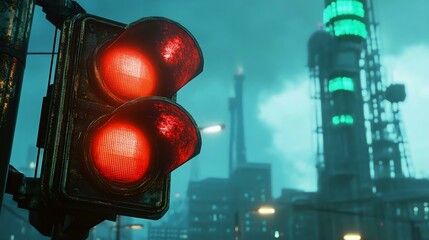 A glowing red traffic light against an industrial backdrop, illustrating urban life technology and safety in a modern dystopian cityscape.