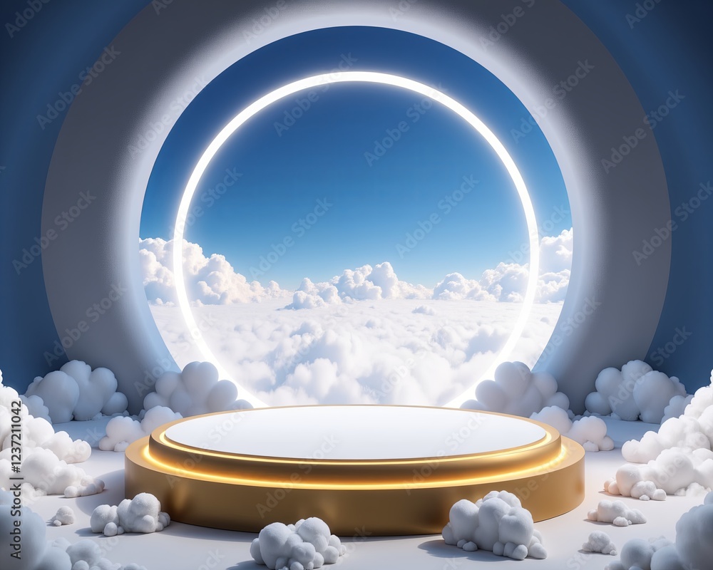 Aufkleber 3d rendering of a gold podium platform in a circular room with white clouds and a blue sky, creating