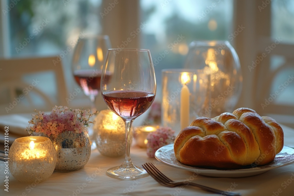 Poster wine and rolls on a table in front of window with floral arrangement.