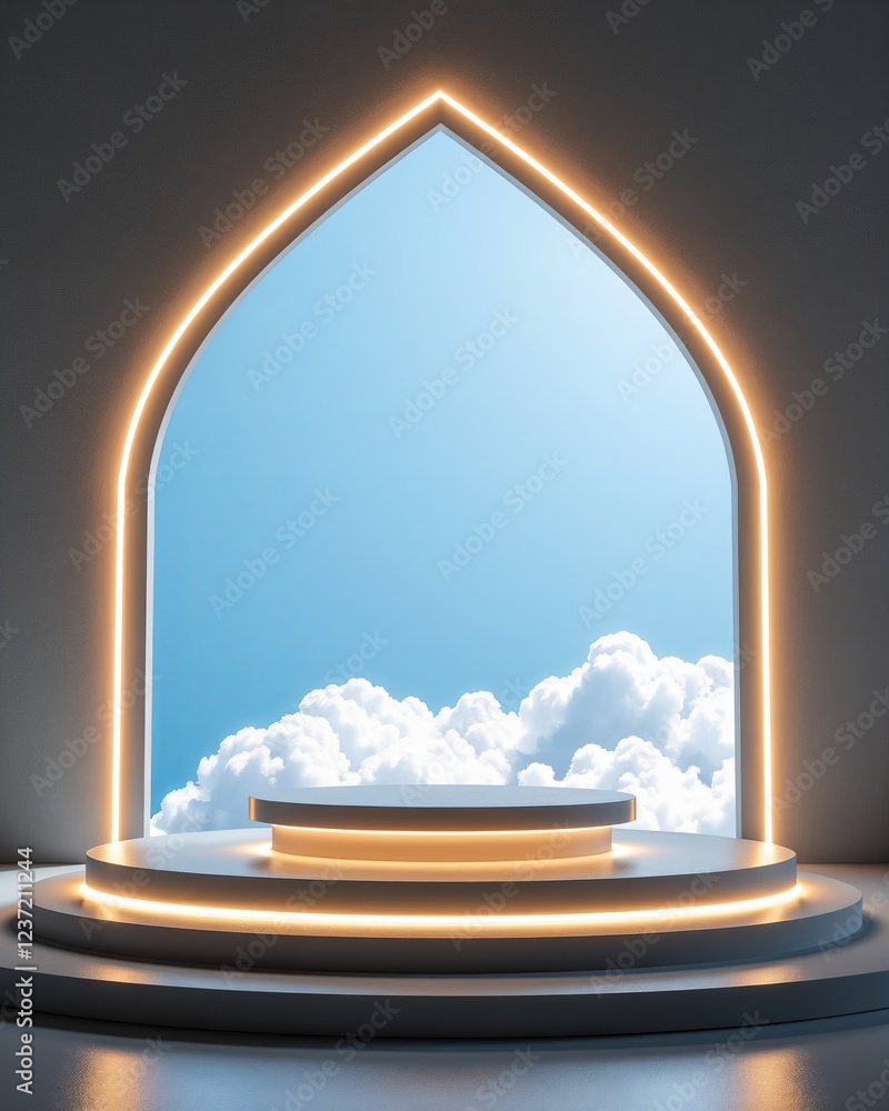 Poster minimal and modern 3d rendering of a white podium with a glowing archway revealing a cloudy sky.