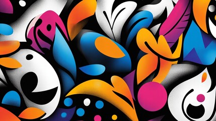 Vibrant abstract art featuring bold colors and playful shapes. A mix of organic and geometric forms creates a dynamic composition.