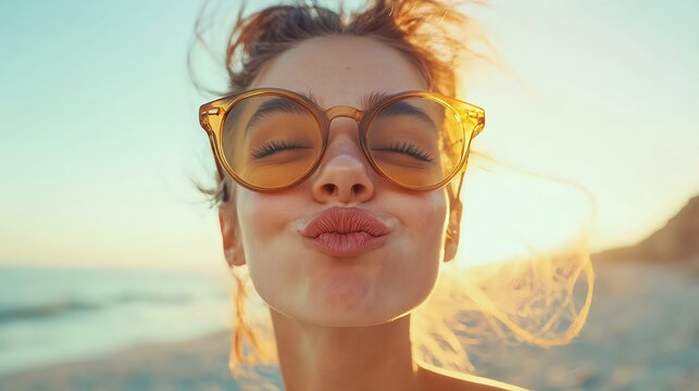 A cheerful young woman makes a playful kissy face against a beautiful sunset at the beach, wearing stylish oversized sunglasses.