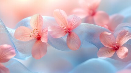 Fototapeta premium Delicate arrangement of pink flowers and soft fabric on a light background