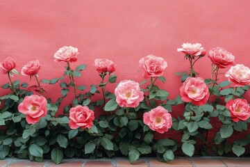 Fototapeta premium Beautiful pink roses blooming against a textured coral wall in a vibrant garden setting