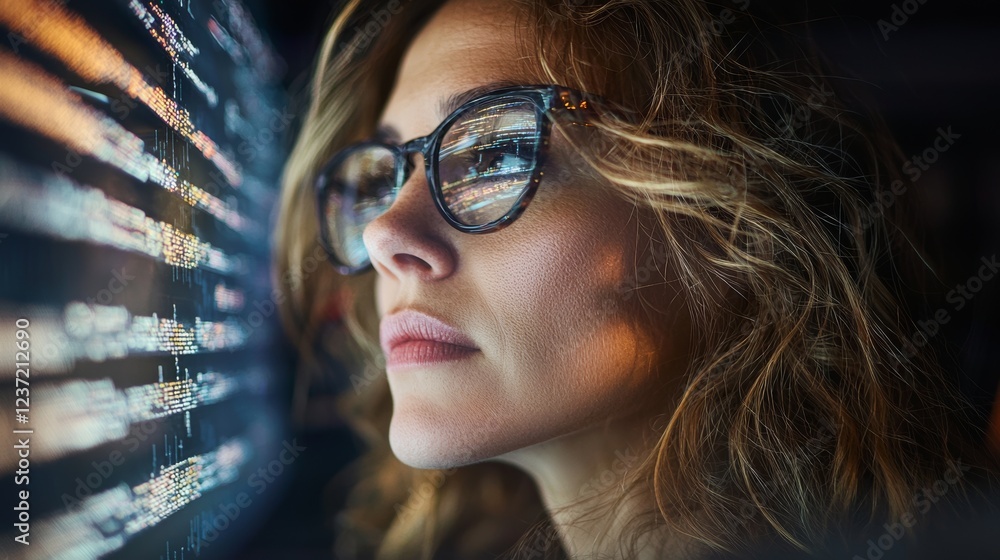 Poster close-up shot of a female it engineer working in a monitoring room, interacting with multiple displa
