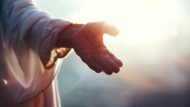 Love and faith and salvation concept of Jesus Christ reaching out with open arms in the sky and the resurrected Jesus Christ