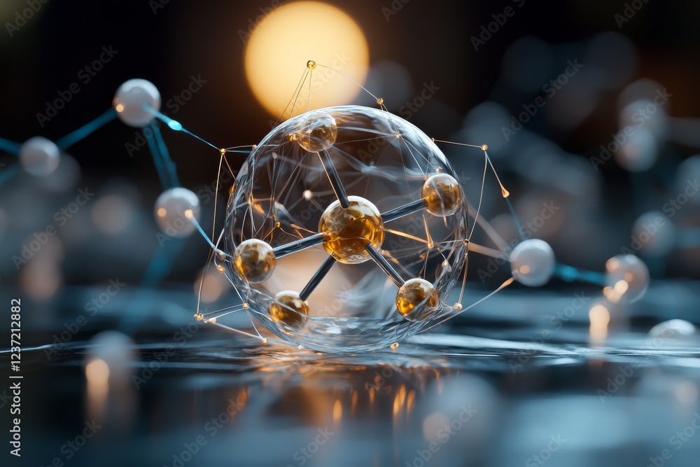 Poster futuristic concept focusing on nanotechnology in science, illustrated by an atomic structure with a 
