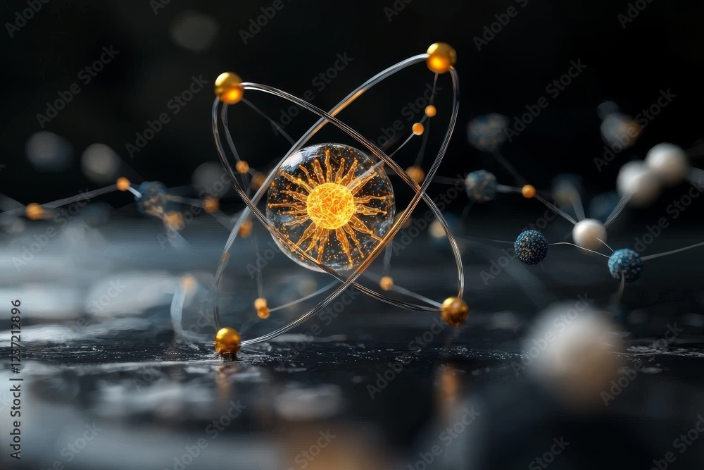 Poster atomic structure. futuristic concept of nanotechnology in science, featuring a nucleus orbited by el