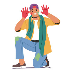 Happy man wearing dirty spotted clothing showing painted hands rejoicing Holi festival celebration