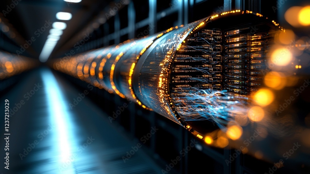 Aufkleber shot of a corridor in a working data center packed with server racks and supercomputers, featuring a