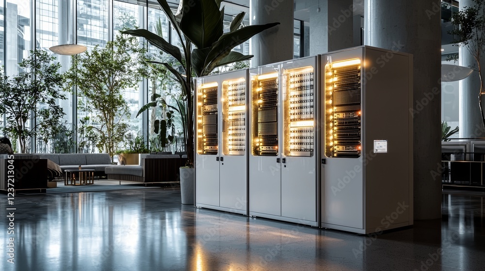 Aufkleber a shot displaying a corridor in an operational data center teems with rack servers and supercomputer