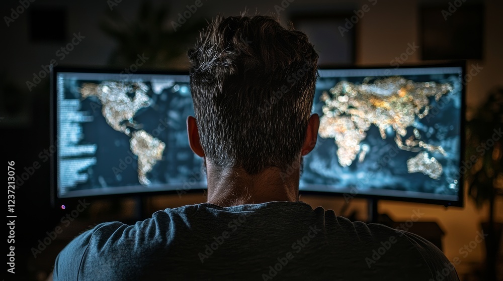 Poster back view in the system control center operator working. multiple screens displaying technical data