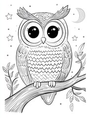 Fototapeta premium Owl on a Moonlit Branch, A wise owl sitting on a tree branch under the moonlight, with stars twinkling in the background