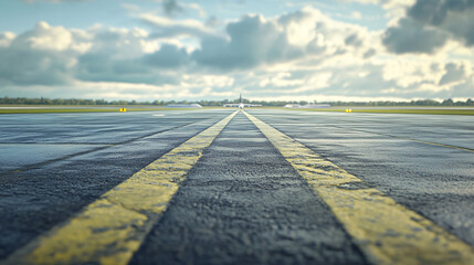 Low-angle perspective of an airport runway with textured asphalt and bright sky reflections on wet ground creating a dramatic aviation scene  
