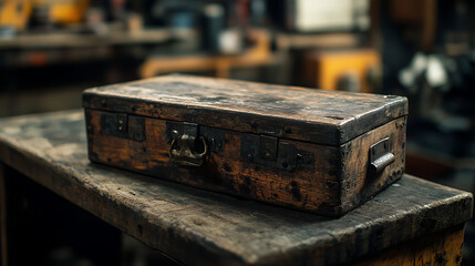An old wooden toolbox with scratches and marks of use, resting on a rough workbench